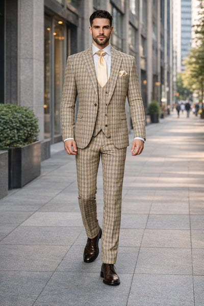 Mens Rossiman Tan Plaid 3-Piece Vested Suit – Classic Tailored Fit