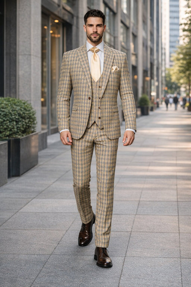 Mens Rossiman Tan Plaid 3-Piece Vested Suit – Classic Tailored Fit