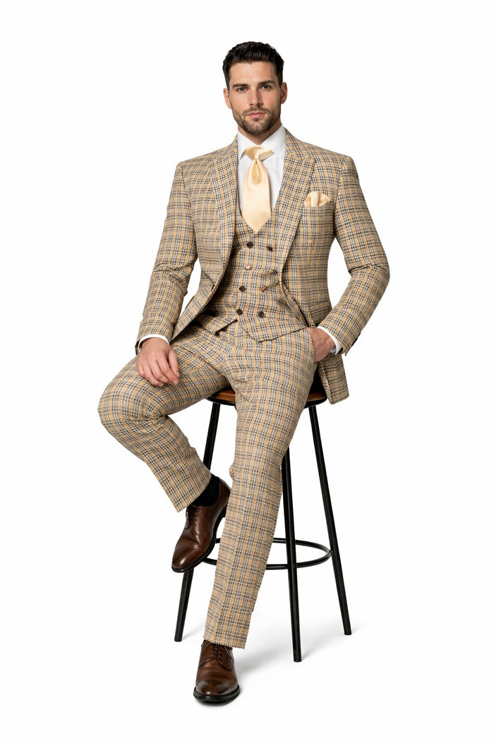 Mens Rossiman Tan Plaid 3-Piece Vested Suit – Classic Tailored Fit