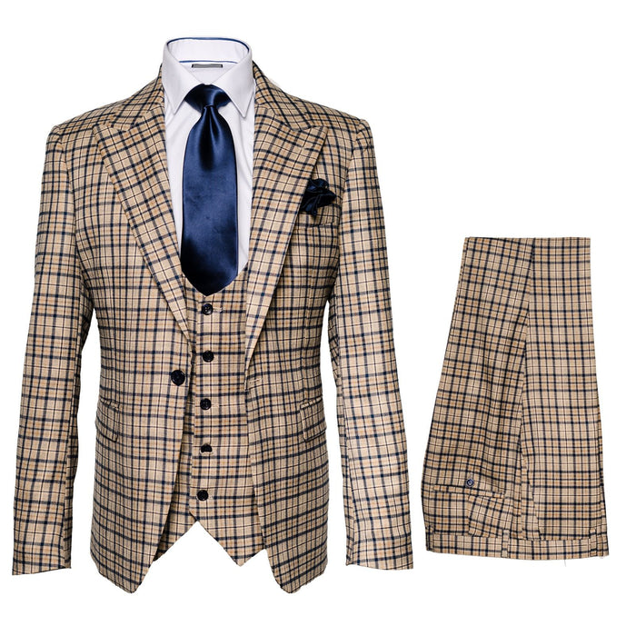 Rossiman Monarch Tan & Navy Grid 3-Piece Signature Suit