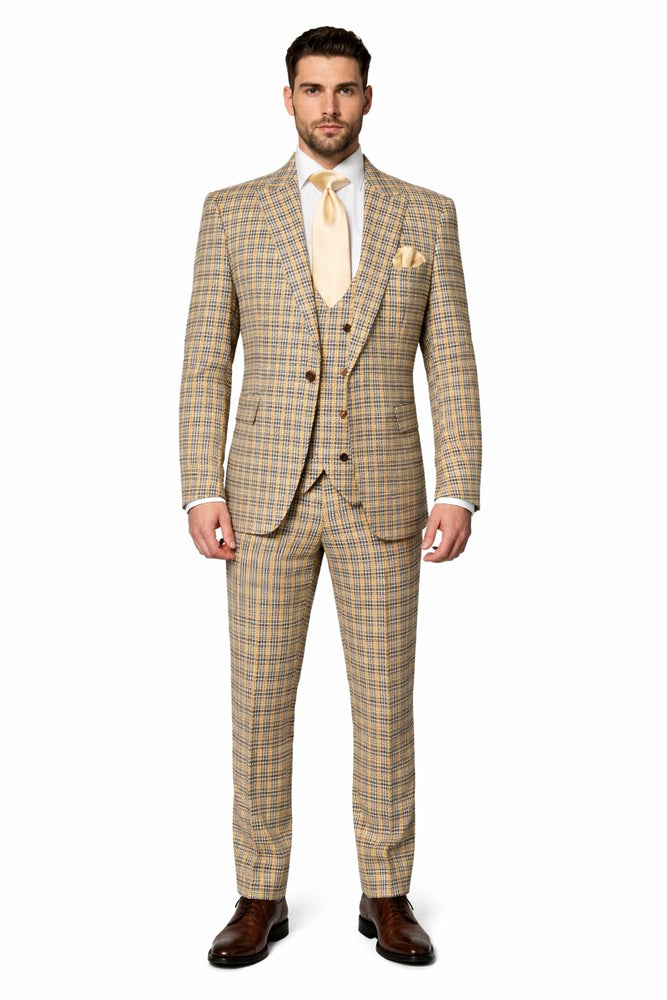 Mens Rossiman Tan Plaid 3-Piece Vested Suit – Classic Tailored Fit