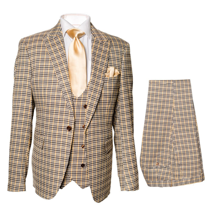 Mens Rossiman Tan Plaid 3-Piece Vested Suit – Classic Tailored Fit