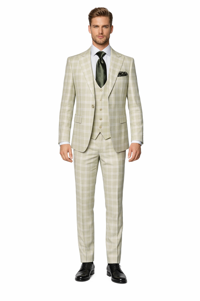 Rossiman Elite Cream Checkered 3-Piece Prestige Suit