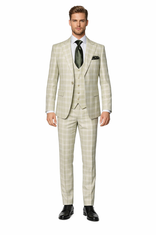 Rossiman Elite Cream Checkered 3-Piece Prestige Suit