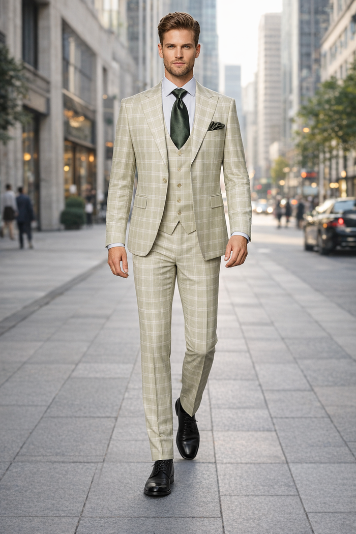 Rossiman Elite Cream Checkered 3-Piece Prestige Suit