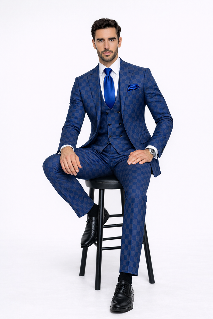 Royal Blue Checkered 3-Piece Executive Suit with Matching Vest