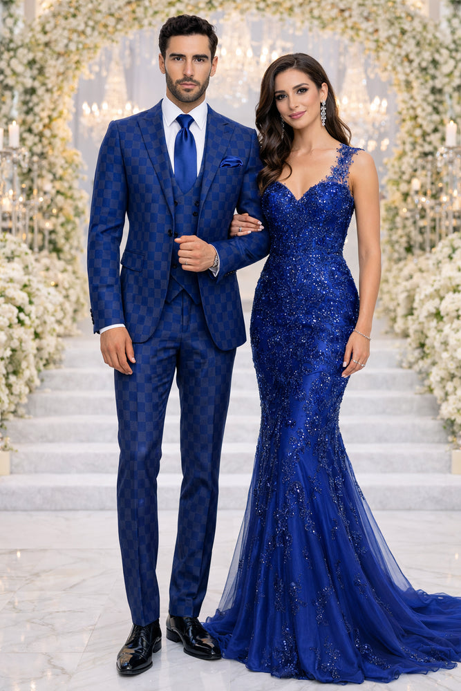 Royal Blue Checkered 3-Piece Executive Suit with Matching Vest