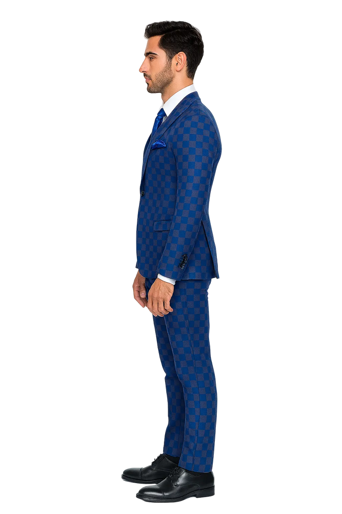Royal Blue Checkered 3-Piece Executive Suit with Matching Vest