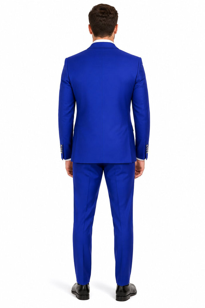 Men's Royal Blue Statement Ticket Pocket Peak Lapel Wool Double Breasted Vest Suit with Silver Buttons – Modern Fit