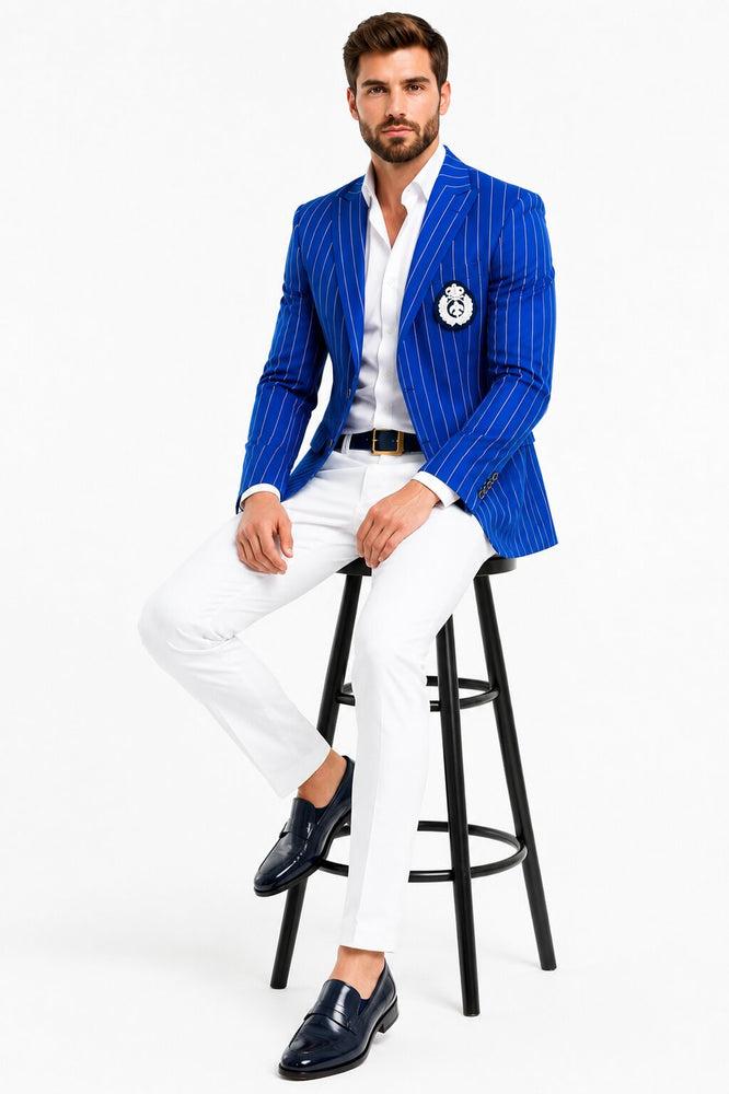Royal Blue Pinstripe Blazer With White Pants - Suit Party Blazer