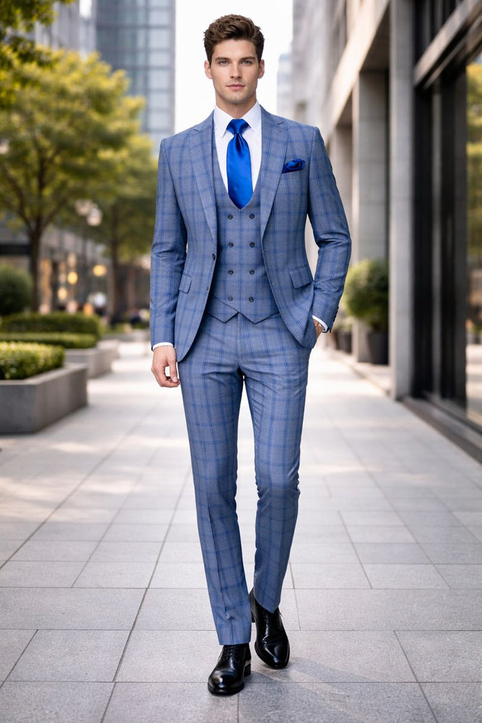 Royal Blue Windowpane 3-Piece Modern Tailored Suit by Rossiman