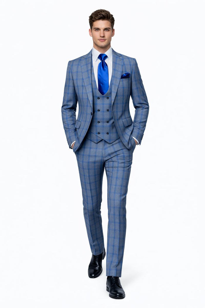 Royal Blue Windowpane 3-Piece Modern Tailored Suit by Rossiman