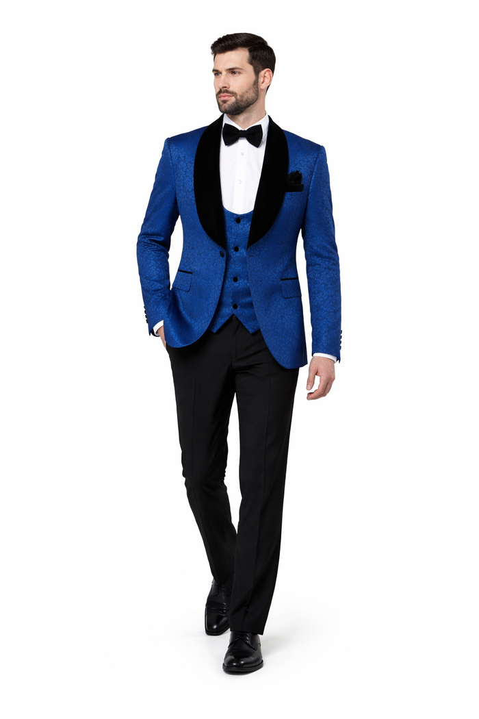 Rossiman Royal Midnight Blue Velvet-Lapel 3-Piece Gala Tuxedo Suit