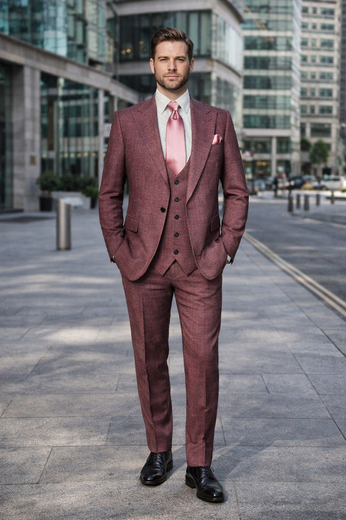 Ruby Wine 3-Piece Modern Elegant Wedding Suit with Blush