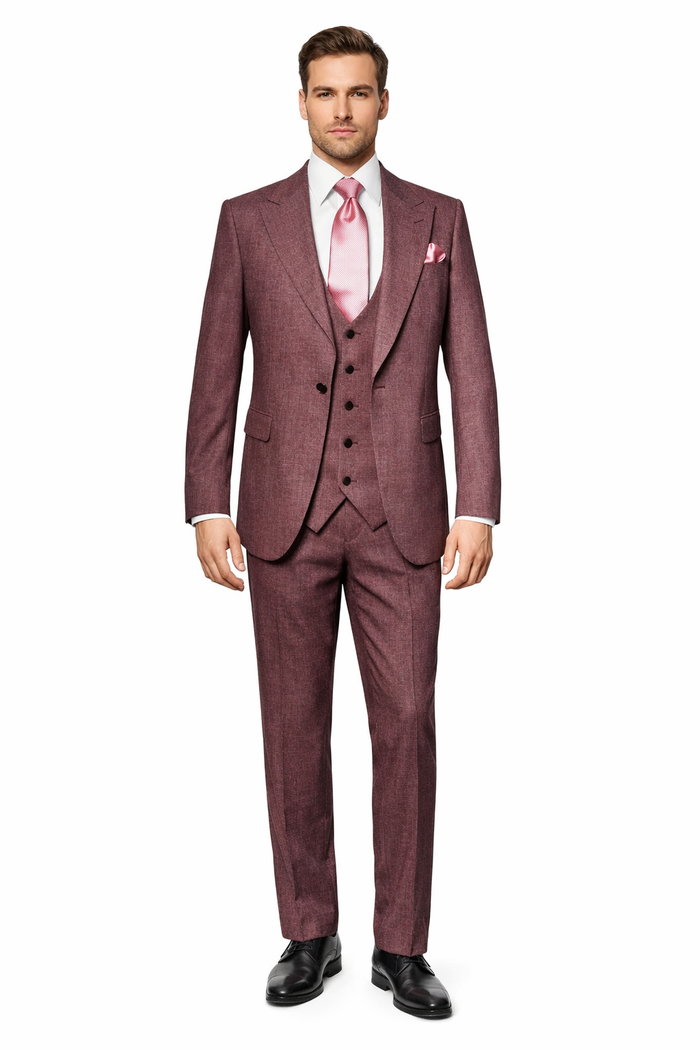 Ruby Wine 3-Piece Modern Elegant Wedding Suit with Blush