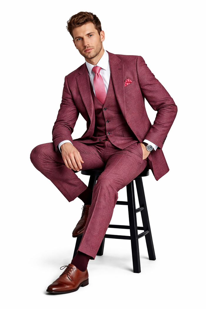 Ruby Wine 3-Piece Modern Elegant Wedding Suit with Blush
