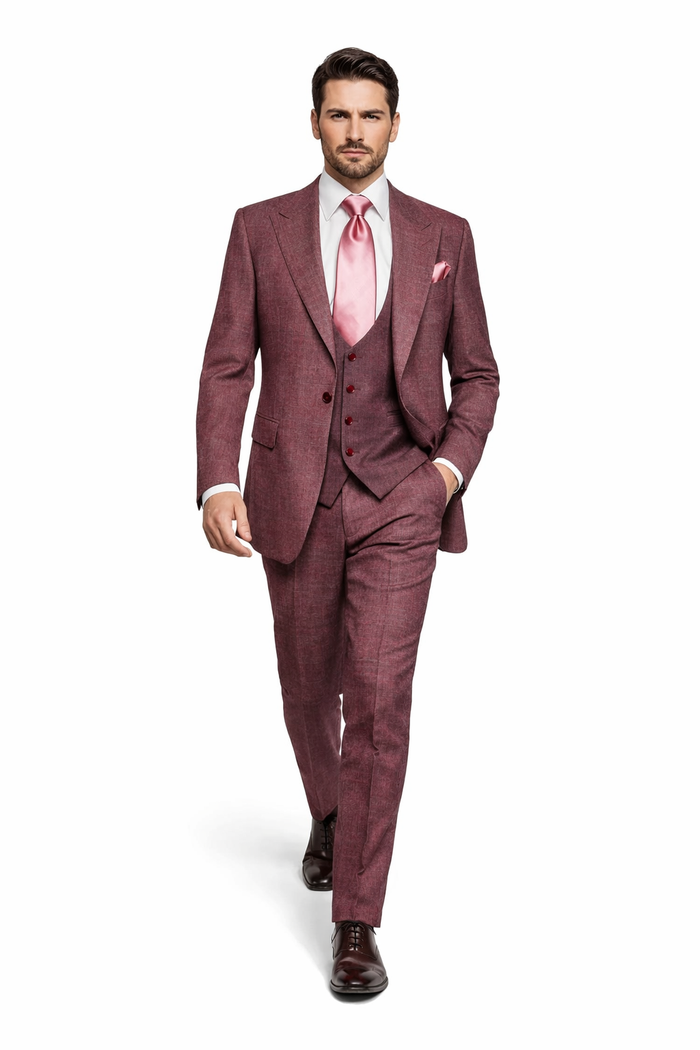 Ruby Wine 3-Piece Modern Elegant Wedding Suit with Blush
