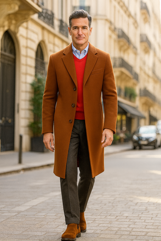 Men's Dress Coat full length Overcoat ~ Long Men's Dress Topcoat - Winter coat Rust (Cashmere Touch (not cashmere))