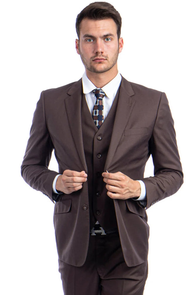 Zegarie Suits - Men's Designer Two Button Modern Fit Vested Wool Suit in Cocoa Brown