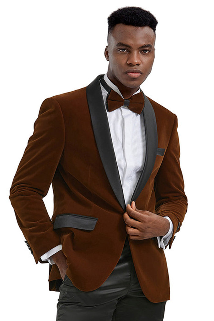 Men's Velvet Shawl Lapel Tuxedo in Camel Bronze