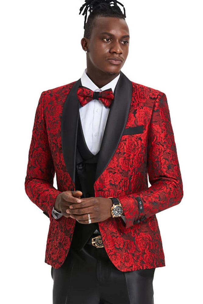 Men's One Button Slim Fit Shiny Paisely Floral Vested  Prom 2025 Tuxedo In Red