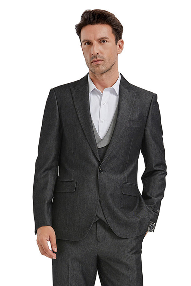 Men's Black Sharkskin Peak Lapel Vest Suit