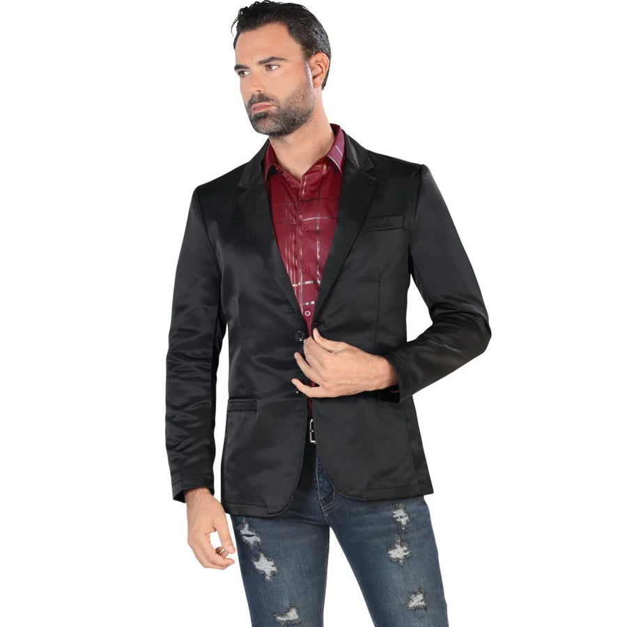 Black Denim Jacket - Western Cowboy Blazer Slim Fitted in Sheen Fabric