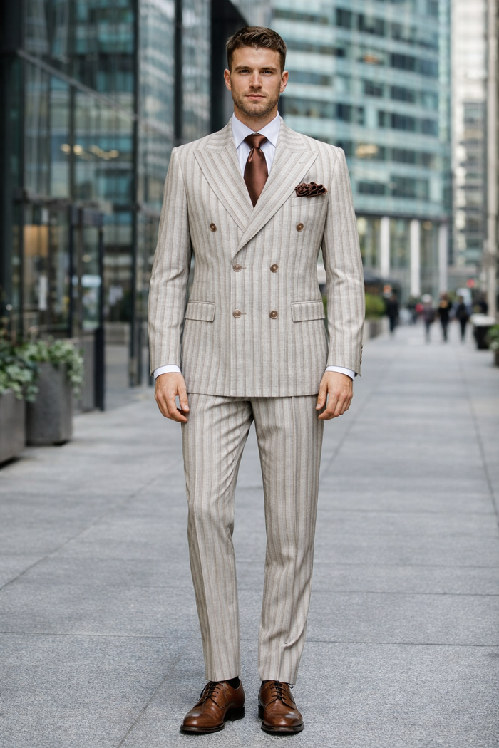 Sandstone Regent Double-Breasted Stripe Suit by Rossiman