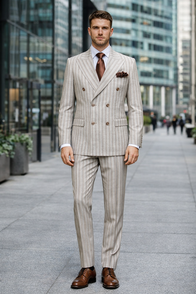 Sandstone Regent Double-Breasted 3-Piece Stripe Suit by Rossiman