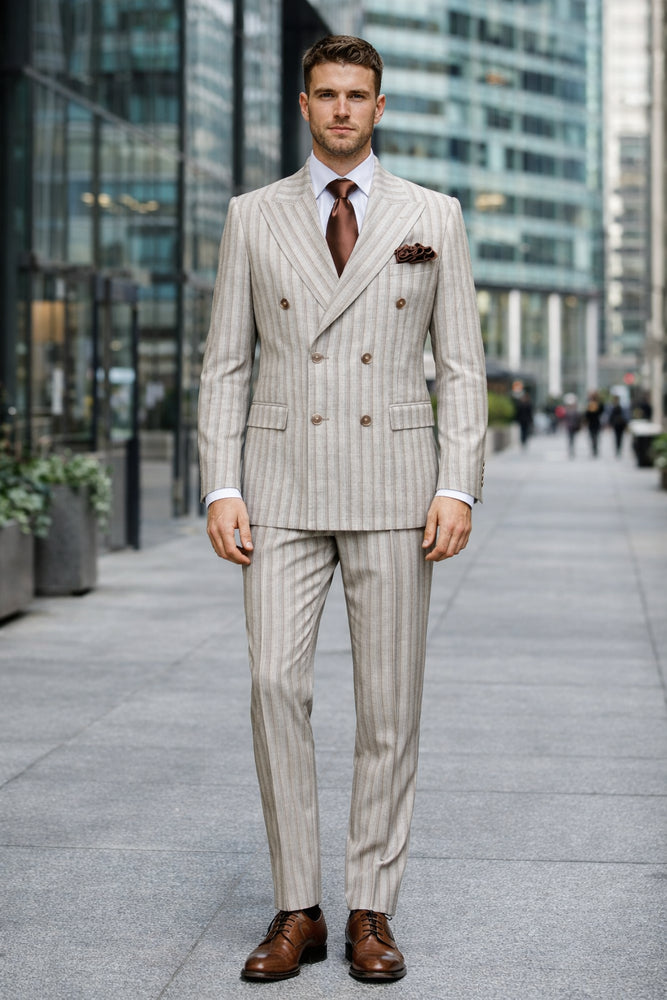 Sandstone Regent Double-Breasted 3-Piece Stripe Suit by Rossiman