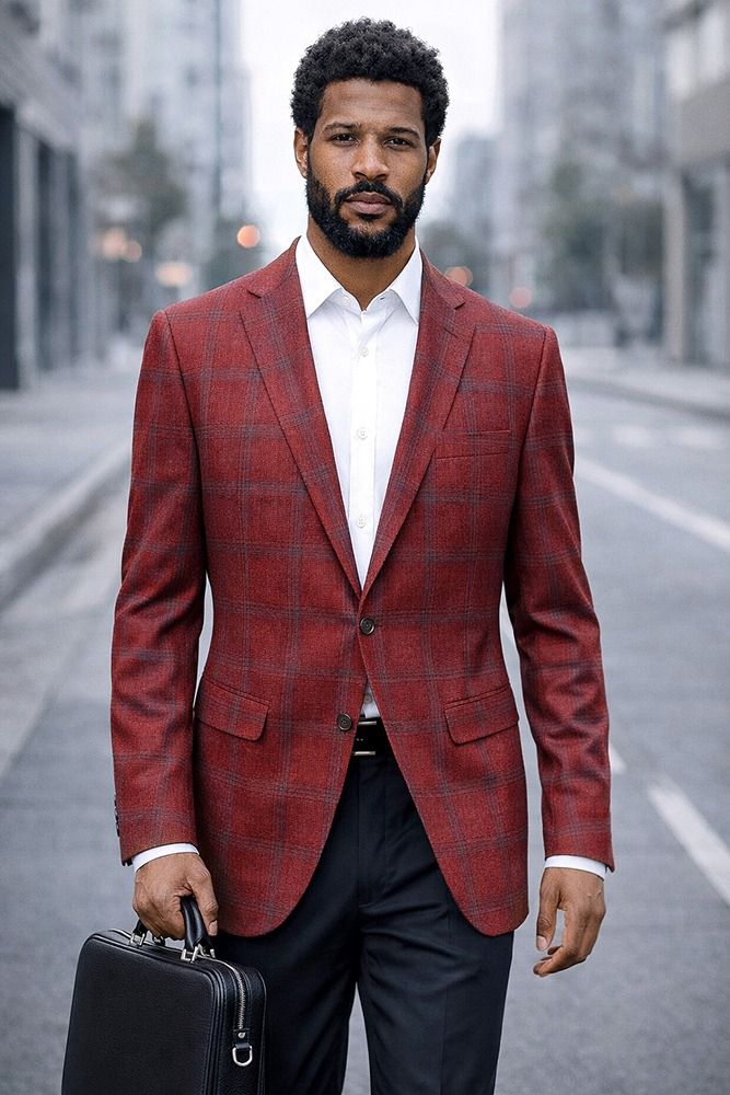 Burgundy Blazer Mens Plaid Jacket