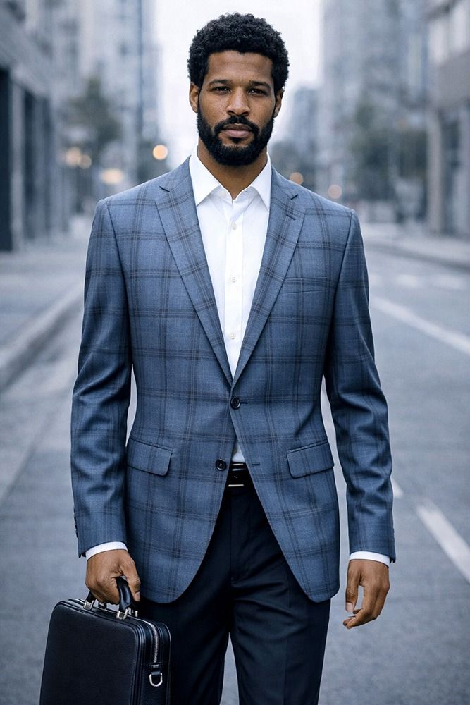 Indigo Blazer Mens Plaid Jacket Single Breasted