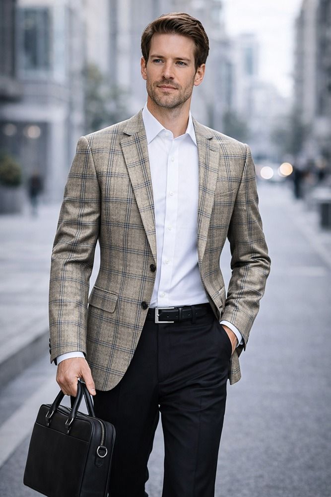 Tan Blazer Mens Plaid Jacket Single Breasted