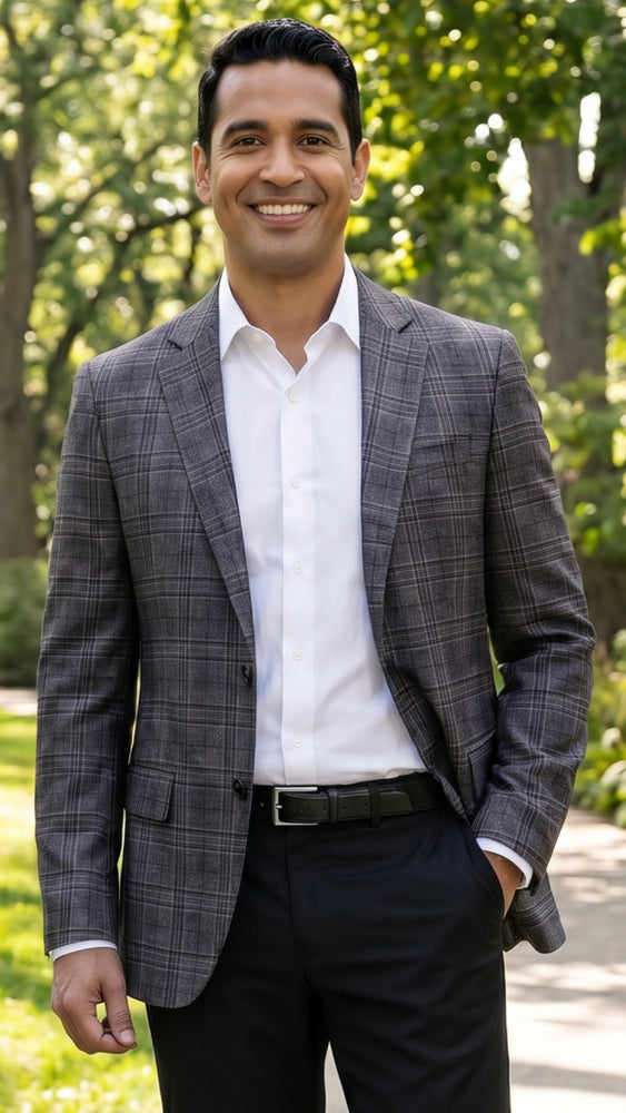 Grey Mens Blazer Plaid Sport Coat