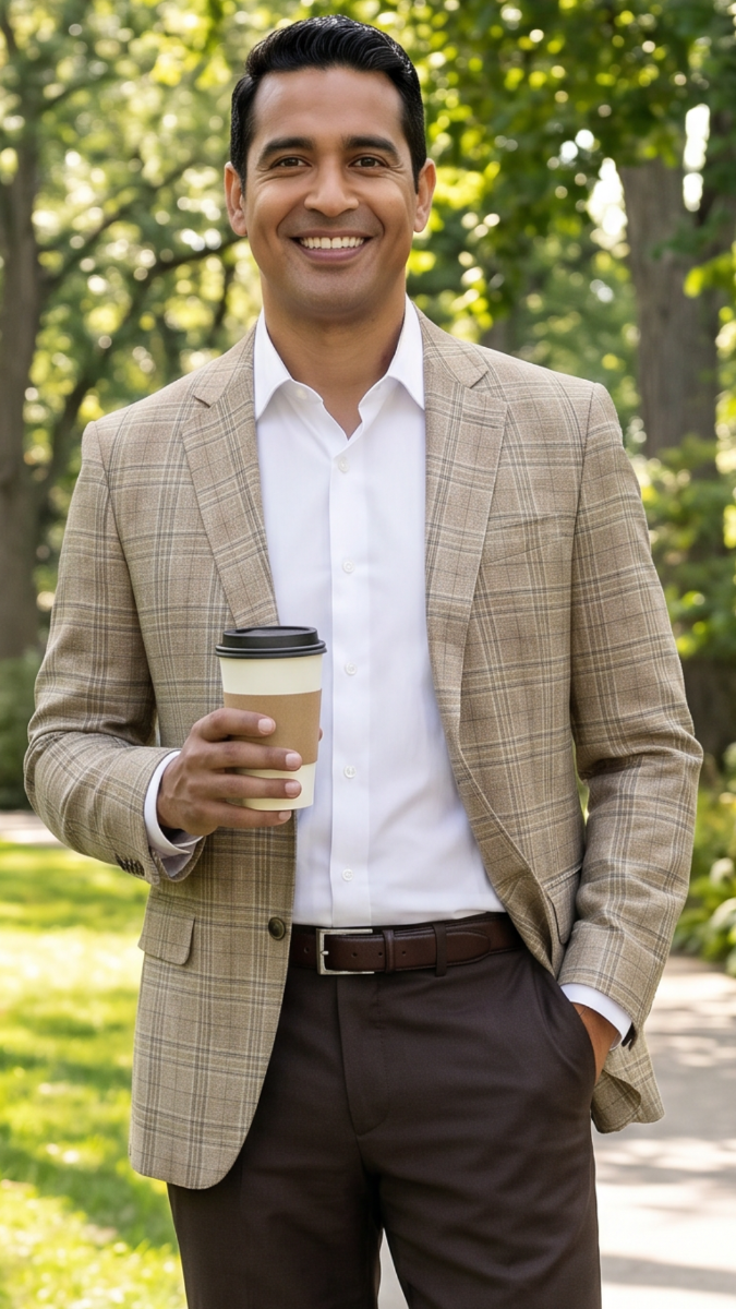 Tan Mens Blazer Plaid Sport Coat