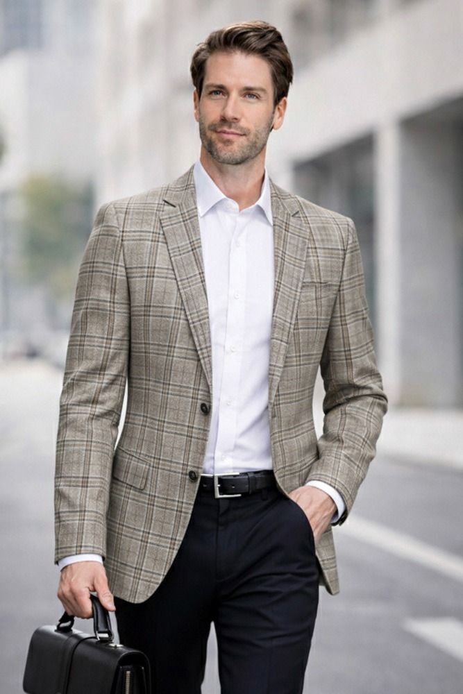 Taupe Plaid Blazer Mens Sport Coat