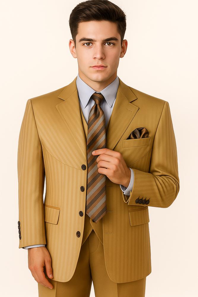 "Gold Men's Fashion Suit - 4 Button, Semi Wide Leg, Shiny Tonal Stripe"
