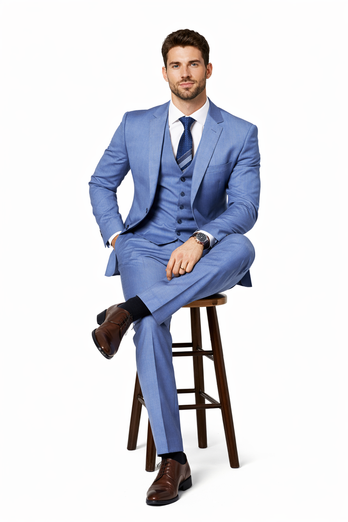 Sharkskin Textured 3-Piece Steel Blue - Dusty Blue Suit