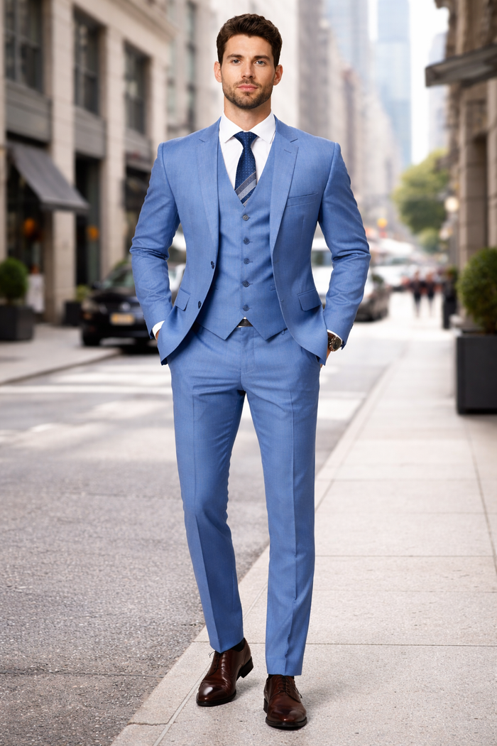 Sharkskin Textured 3-Piece Steel Blue - Dusty Blue Suit