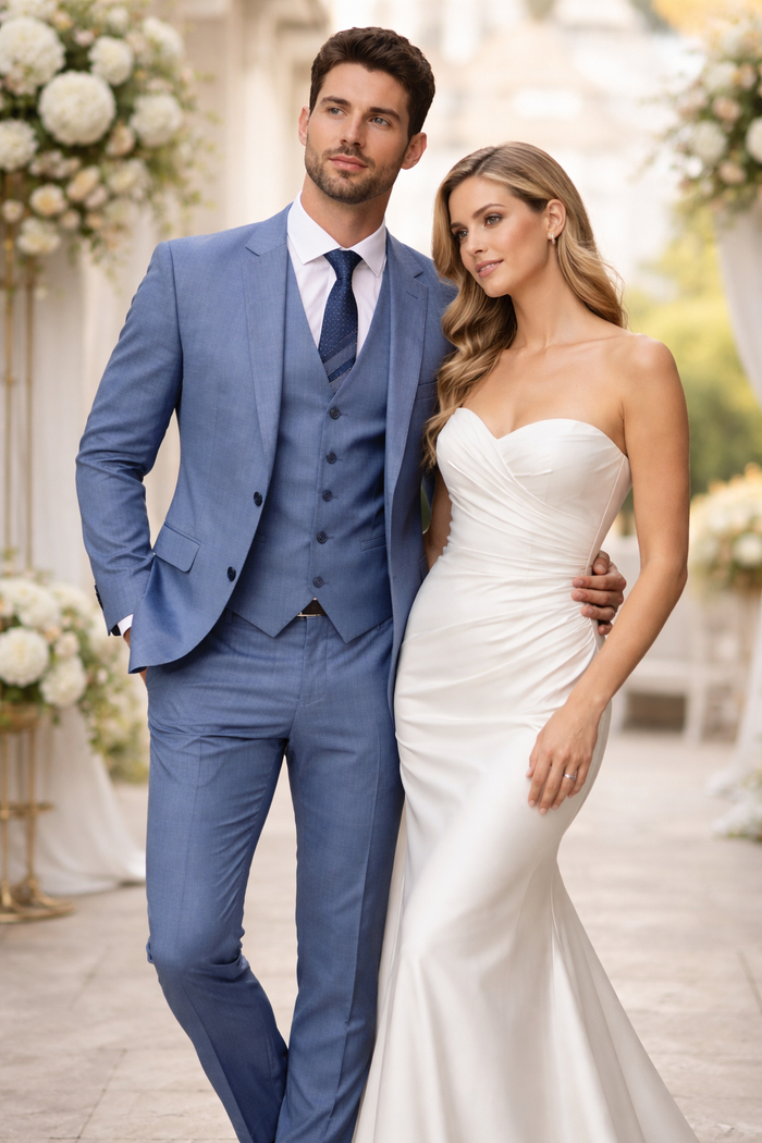 Sharkskin Textured 3-Piece Steel Blue - Dusty Blue Suit