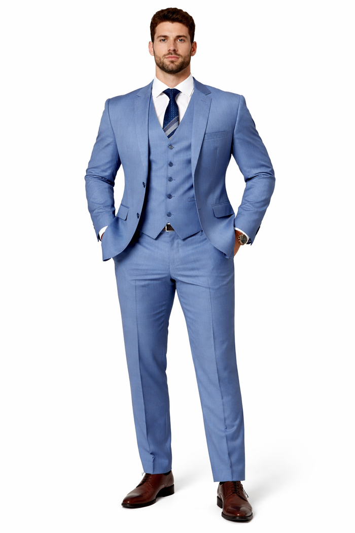Sharkskin Textured 3-Piece Steel Blue - Dusty Blue Suit