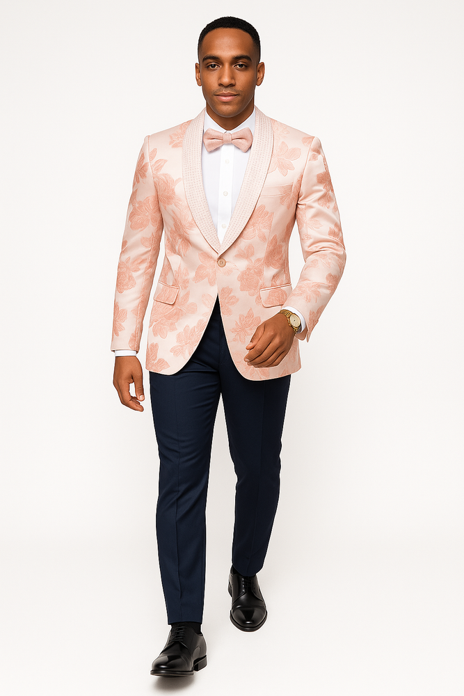 Mens Paisley Jeweled Shawl Prom 2025 Tuxedo in Blush Pink