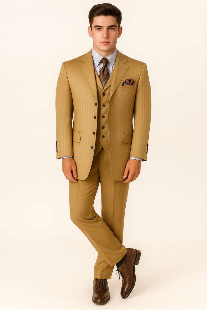 "Gold Men's Fashion Suit - 4 Button, Semi Wide Leg, Shiny Tonal Stripe"