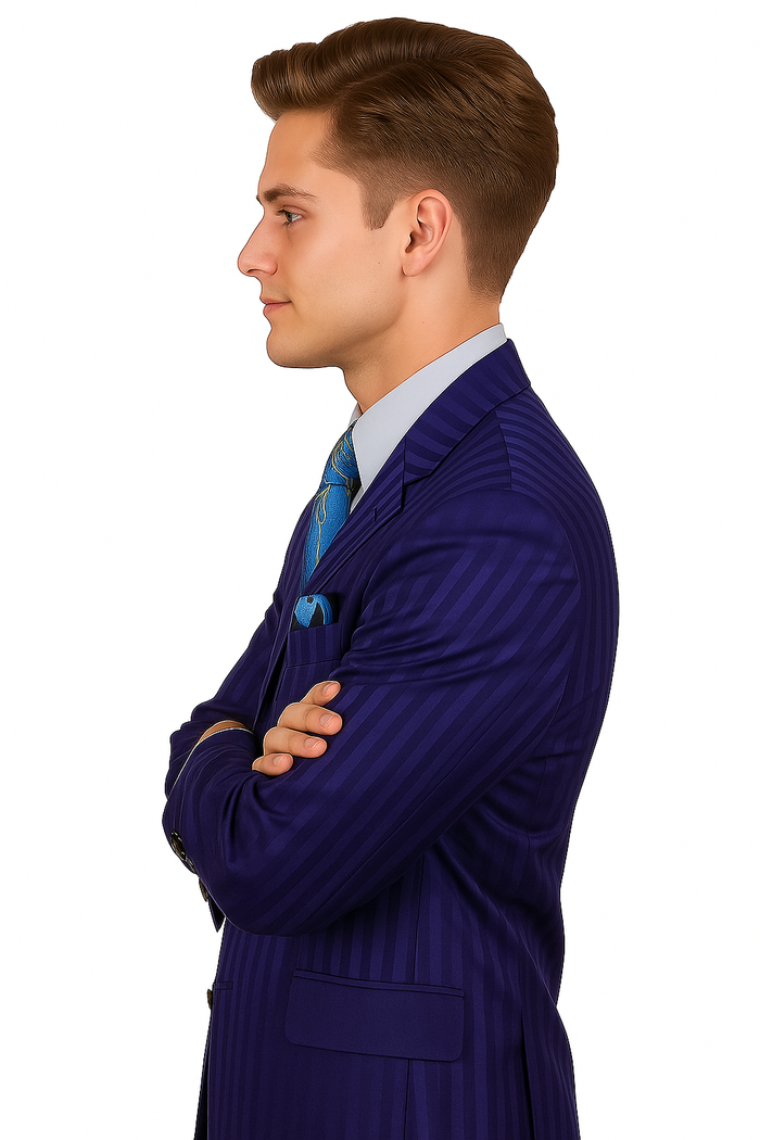 "Navy Blue Men's Shiny Tonal Stripe Fashion Suit - 4 Button Semi Wide Leg"