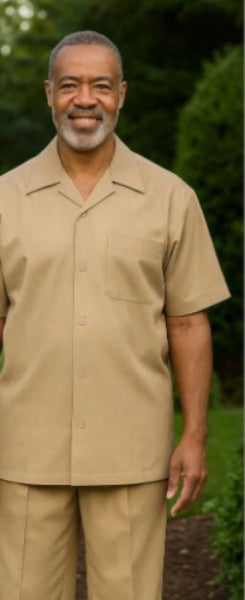 short-sleeve-tan-casual-two-piece-walking-outfit-for-sale-pant-sets-shirt-with-pant-set