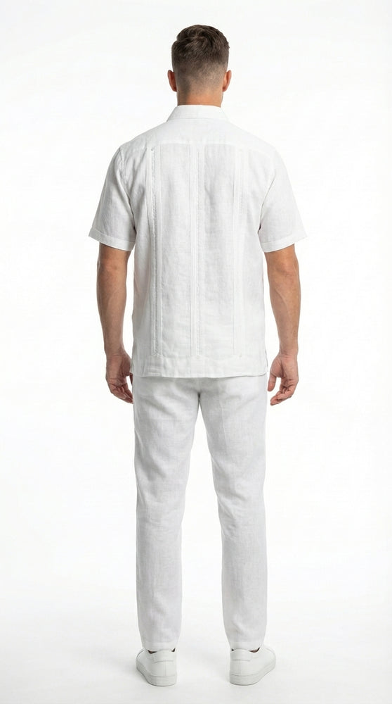 Mens White Embroidered Walking Suit Set – Short Sleeve Shirt and Pants Casual Summer Outfit for Vacation, Beach and Everyday Wear