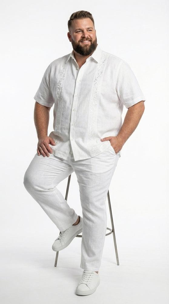 Mens White Embroidered Walking Suit Set – Short Sleeve Shirt and Pants Casual Summer Outfit for Vacation, Beach and Everyday Wear