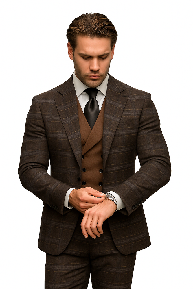 Athletic Suit - Brown Windowpane - Plaid Suit Modern Fit Side Vented Super 150's Wool Fabric