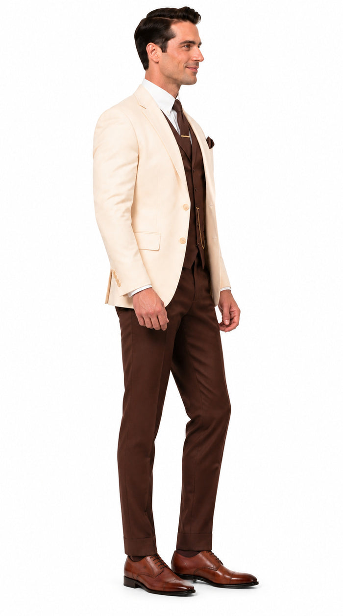 Great Gatsby 1920s ivory Dinner Jacket with Brown Vest and Pants Crema off White Collor Outfit