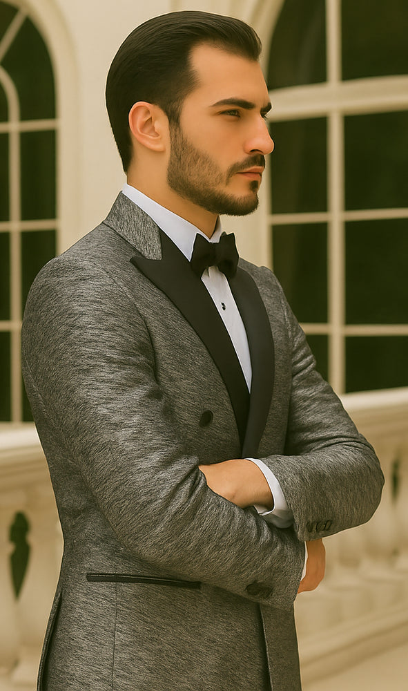 Silver Double Breasted Rough Streak Pattern Satin Peak Lapel Stacy Adams Men's Jacket